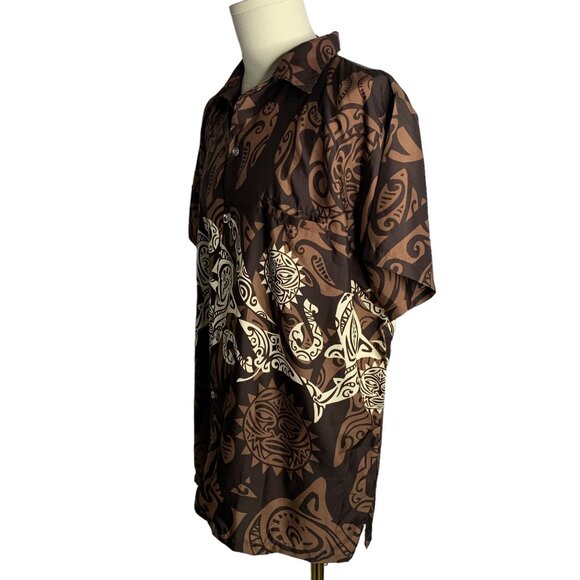 King Kameha Button Up Hawaiian Shirt XL Brown Polynesian Short Sleeve Pocket NEW - Picture 3 of 6